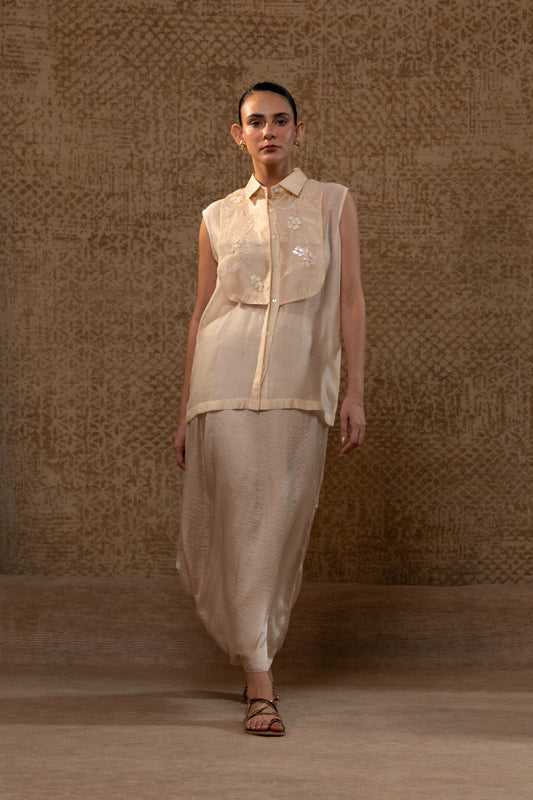 Taral Applique Yolk Shirt Skirt Set - Off-White