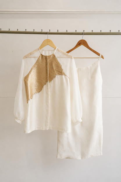 Eeda Silk Tissue Patchwork Shirt with Skirt - Ivory